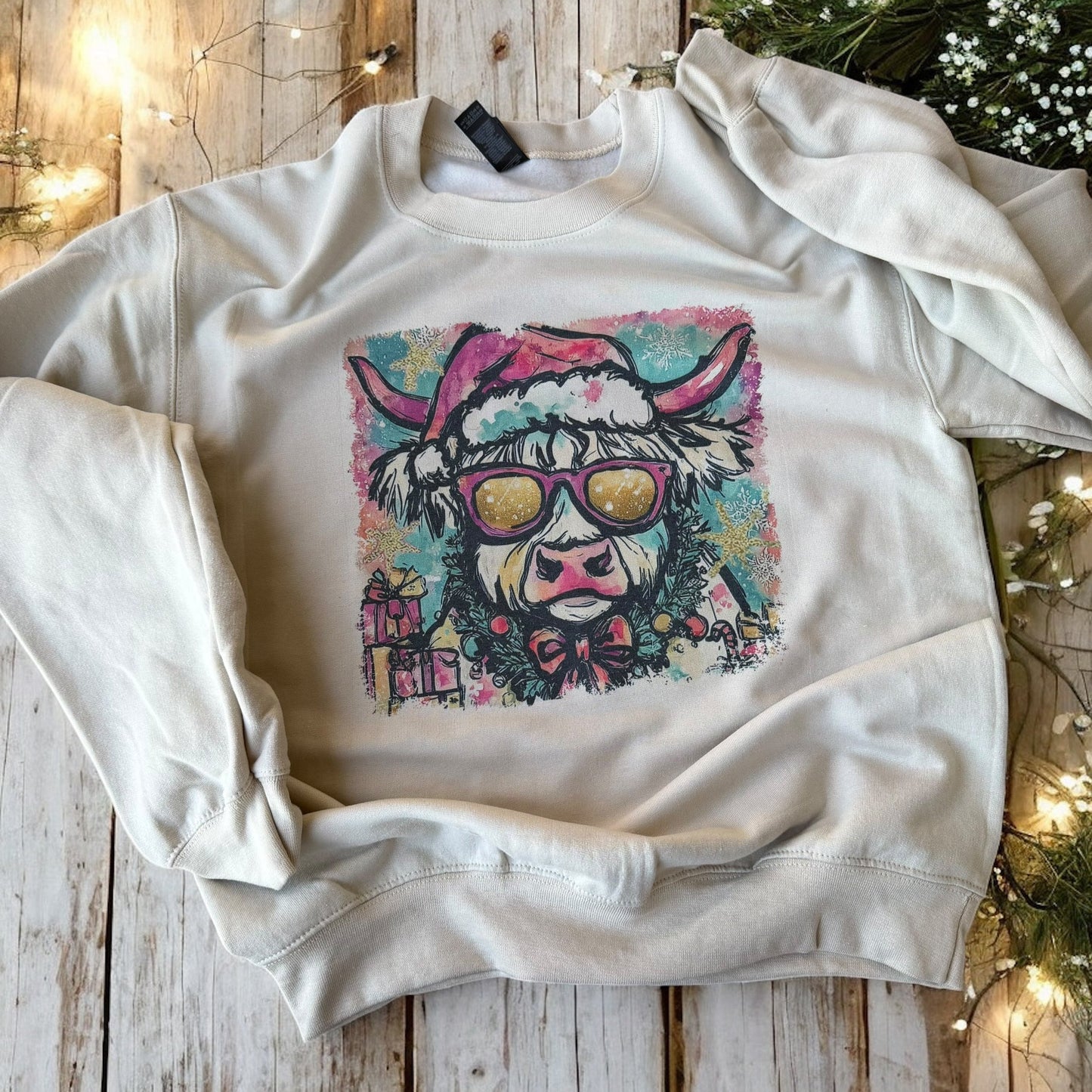 Colorful Christmas Highland Cow Sweatshirt