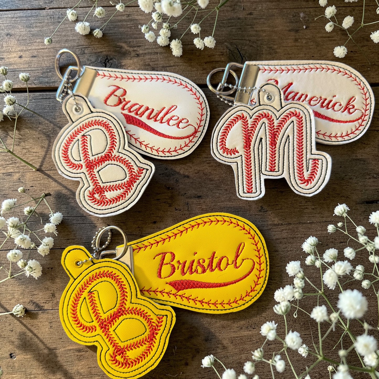 Embroidered Baseball Bag Tags + Initial Keychains