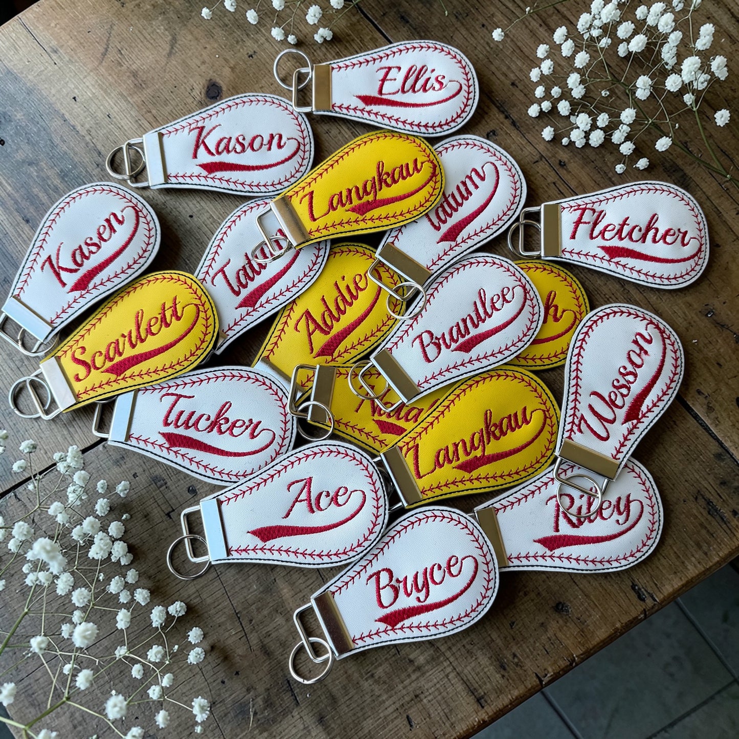 Embroidered Baseball Bag Tags + Initial Keychains