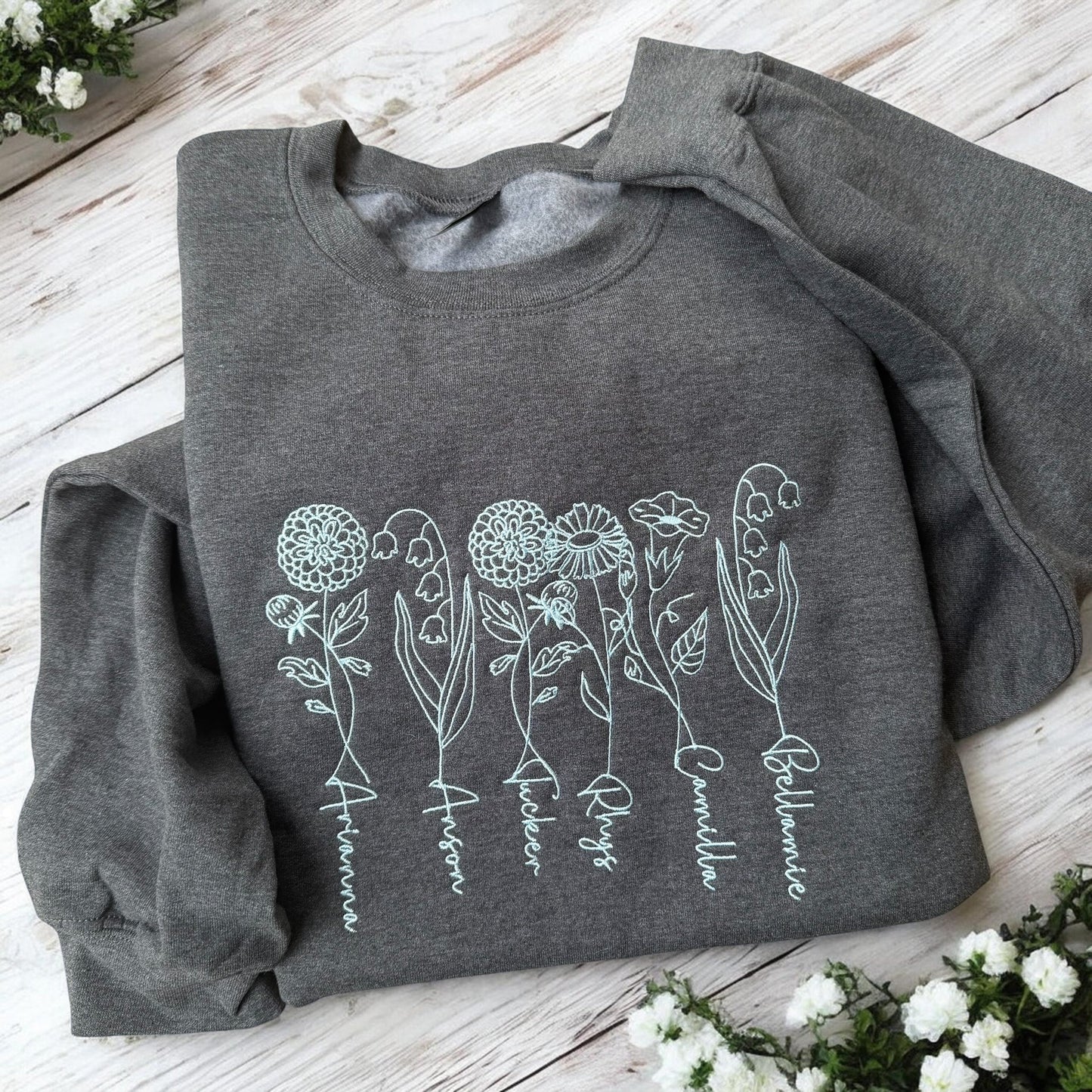 Birth Month Floral Embroidered Crew Neck