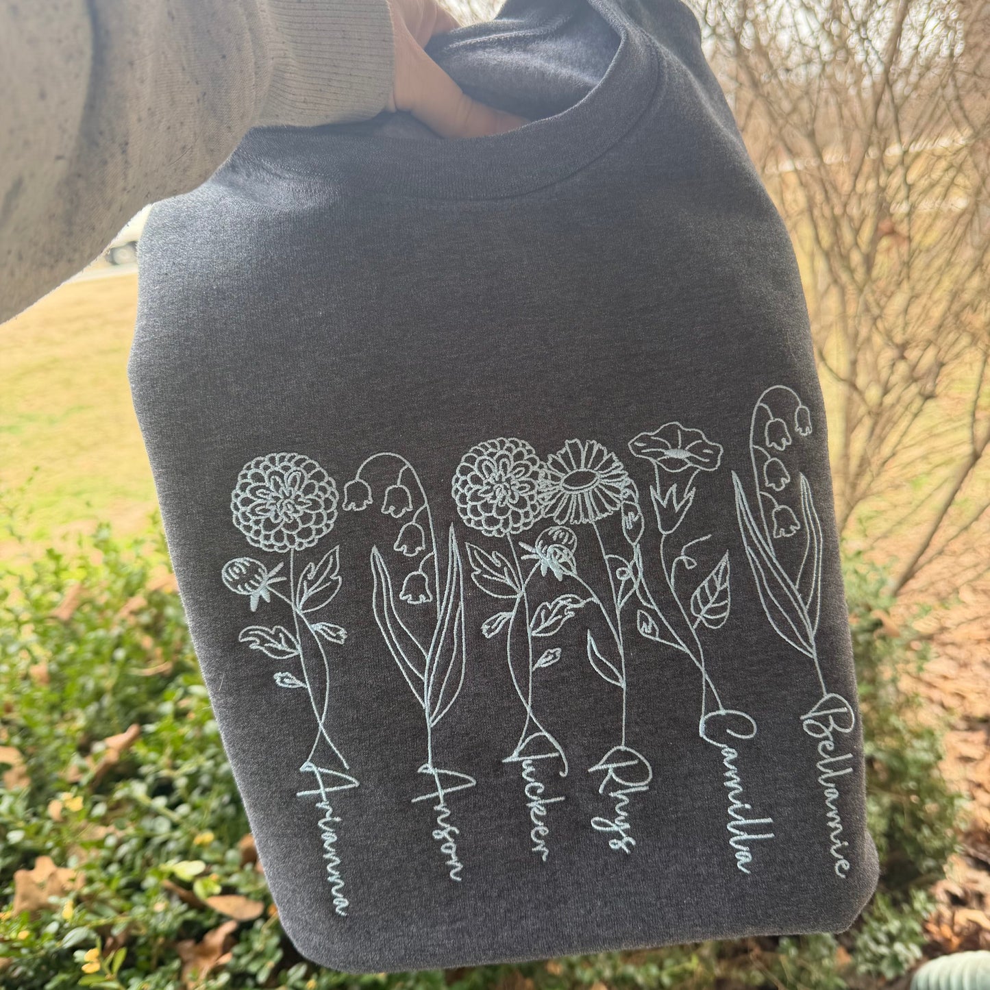 Birth Month Floral Embroidered Crew Neck