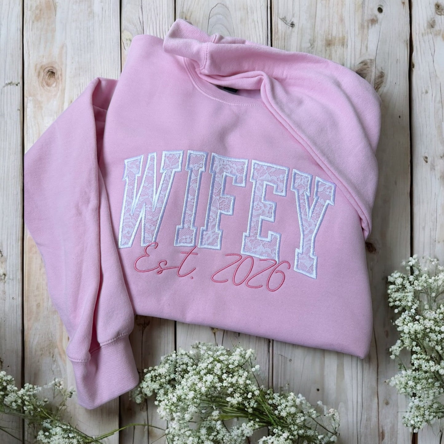 WIFEY Satin Lace Appliqué Sweatshirt