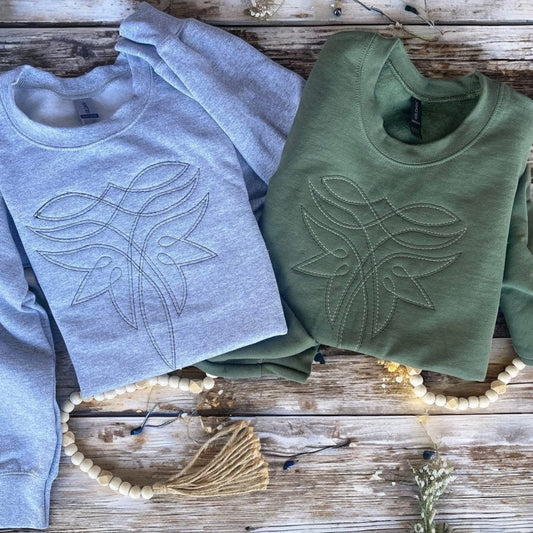 Boot stitch Embroidered Sweatshirt- Western Line Art Crewneck