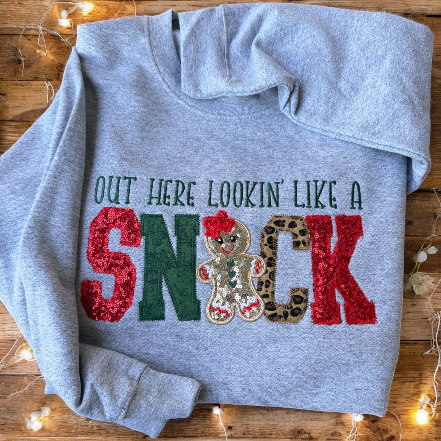 With Cow Print- Origional Gingerbread “Snack” Appliqué Christmas Sweatshirt