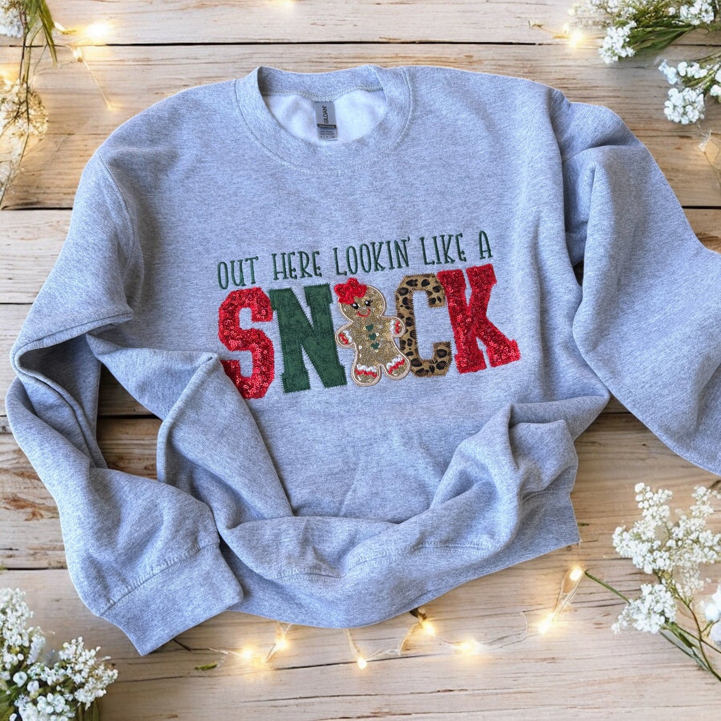 With Cow Print- Origional Gingerbread “Snack” Appliqué Christmas Sweatshirt