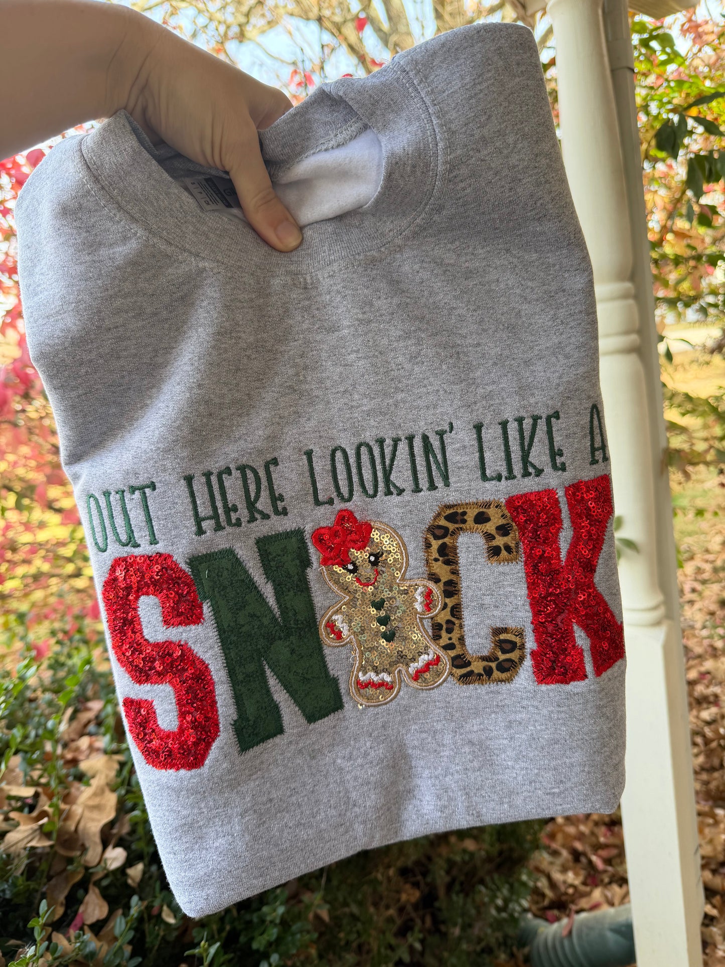 With Cow Print- Origional Gingerbread “Snack” Appliqué Christmas Sweatshirt