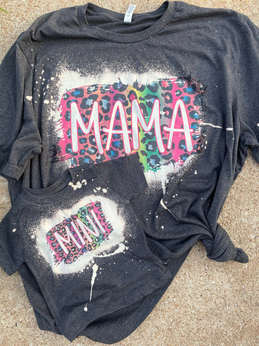 Mama & Mini Matching Bleached Shirts | Neon Leopard Mom Set | Matching Mom and Kid Outfit | Trendy Mama Tee | Family Matching Shirts